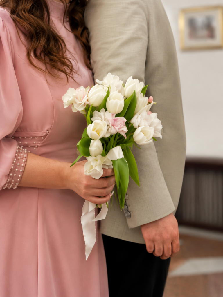 Buchet de cununie civilă cu lalele albe și roz, atelier floral Iași