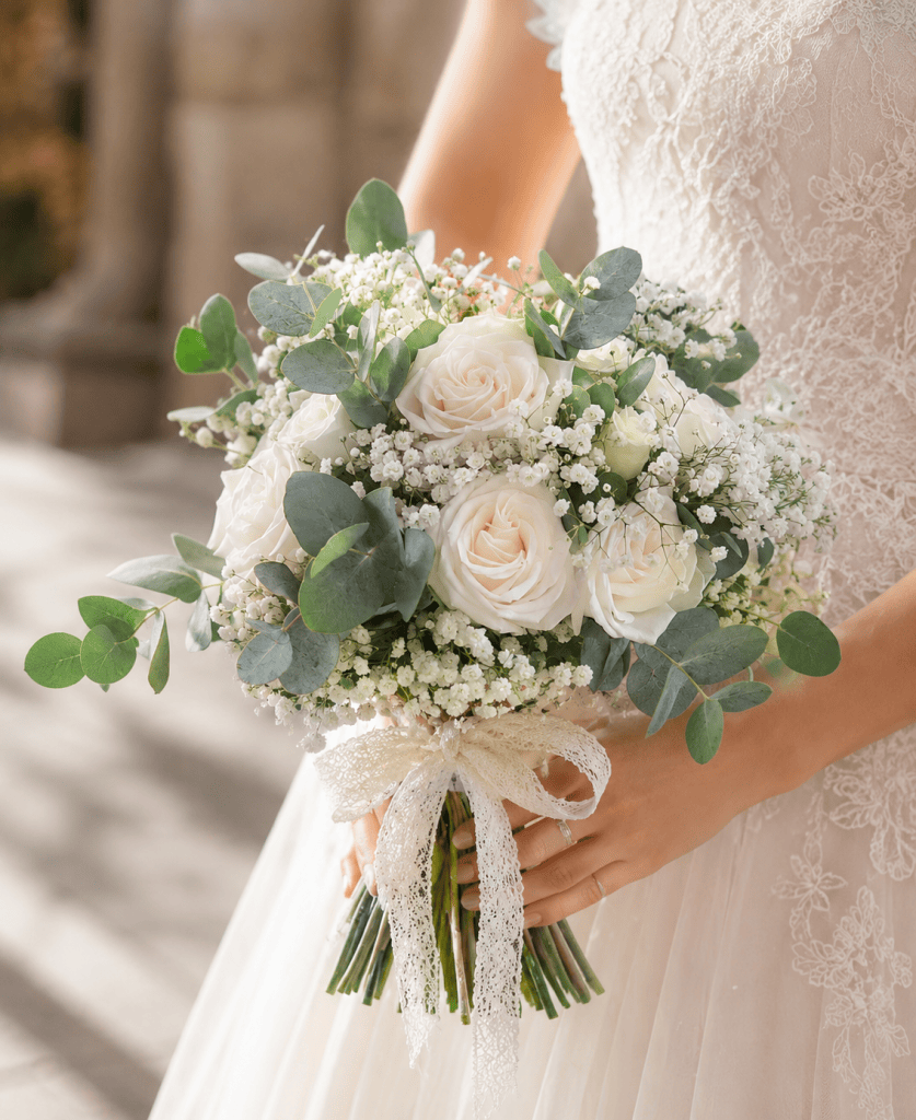 Buchet de mireasă cu trandafiri albi Playa Blanca, gypsophila și eucalipt, atelier floral Iași