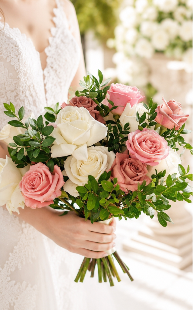 Buchet de mireasă cu trandafiri albi și roz și verdeață de pistacia, atelier floral Iași