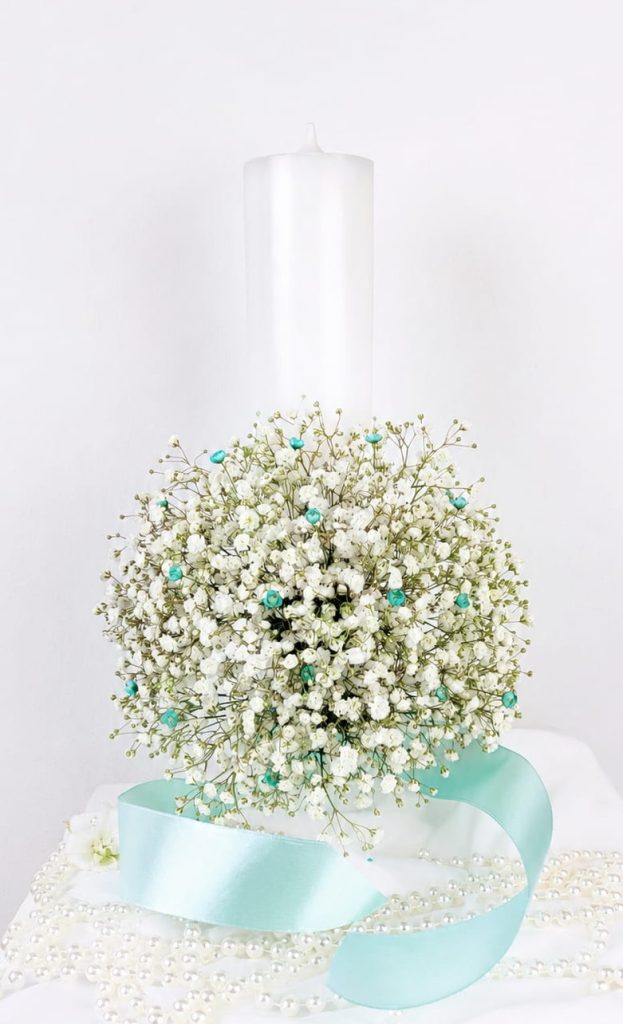 Lumânare de botez Norișor, cu glob de gypsophila naturală și accente turcoaz, Iași